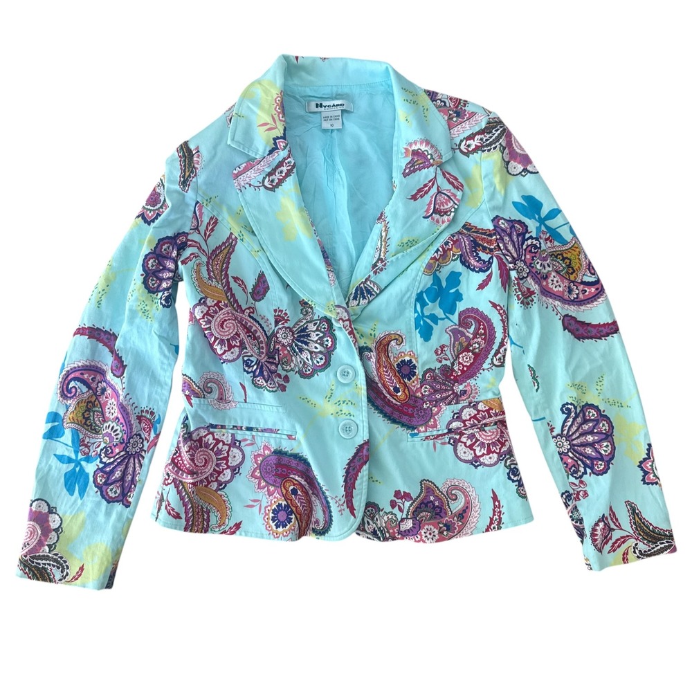 Nygard Collection Paisley Blazer Floral Cotton Stretch Jacket 10 Aqua Blue